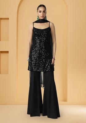 Black Tilla Zari Cutwork Poly Blend Sharara Set