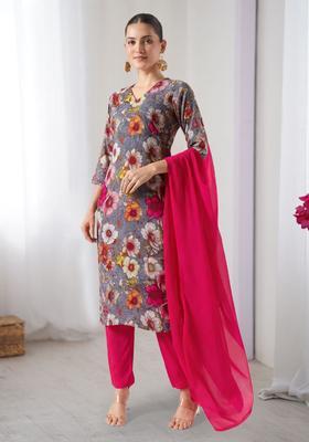 Pink Floral Print Crepe Straight Kurta Set