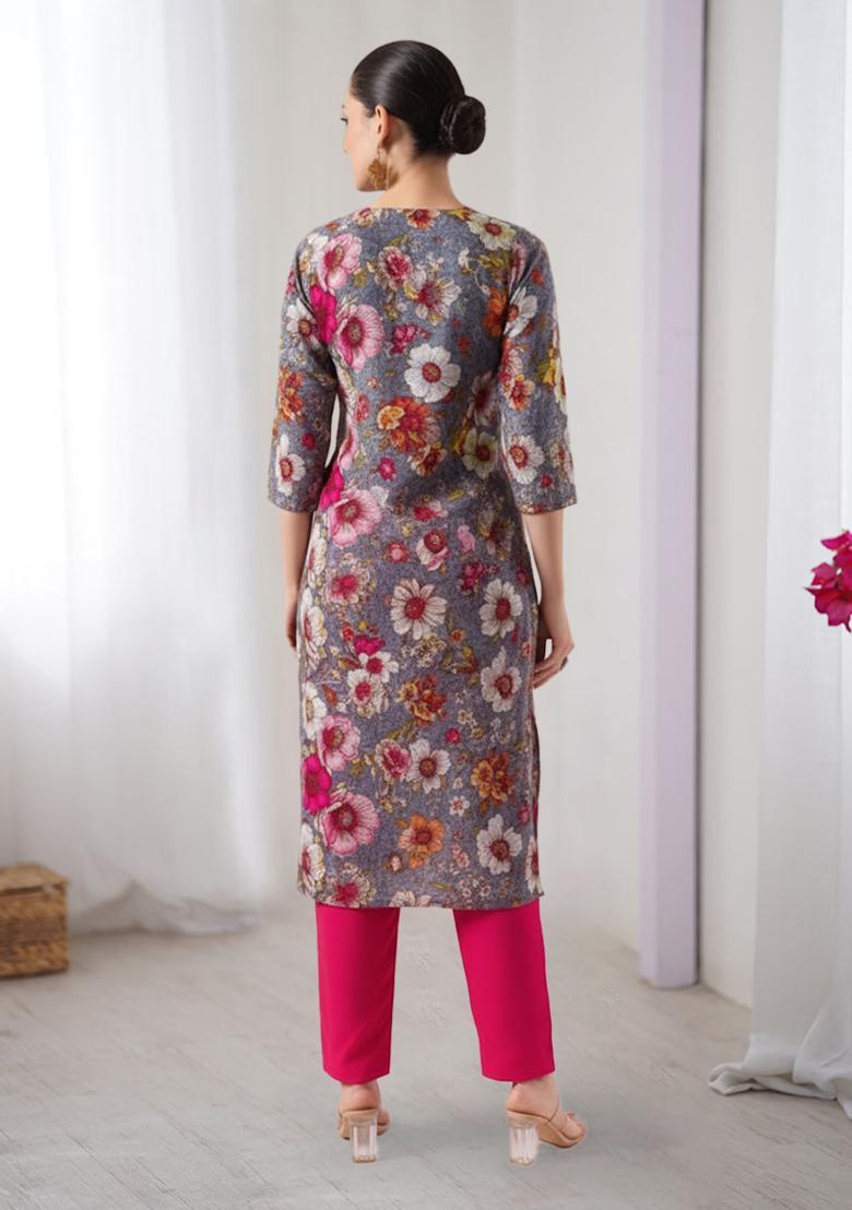 Pink Floral Print Crepe Straight Kurta Set - Indya