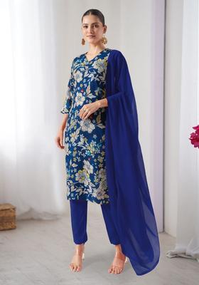 Blue Floral Print Crepe Straight Kurta Set