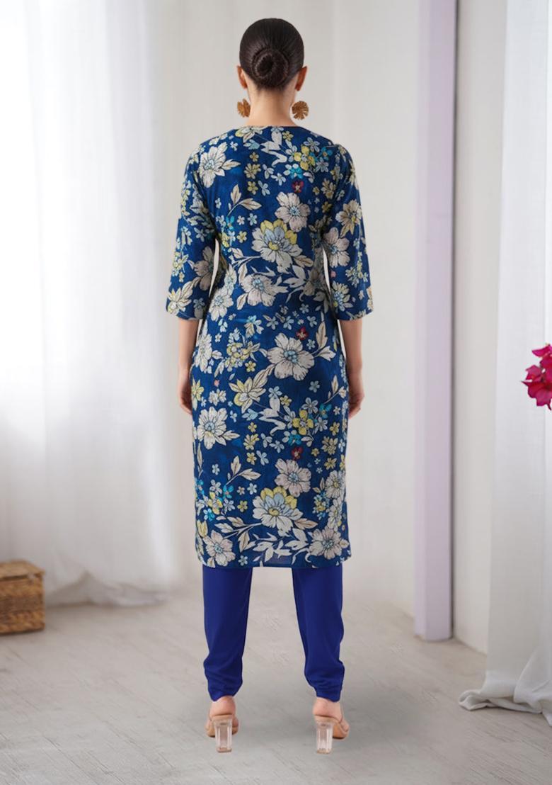 Blue Floral Print Crepe Straight Kurta Set - Indya