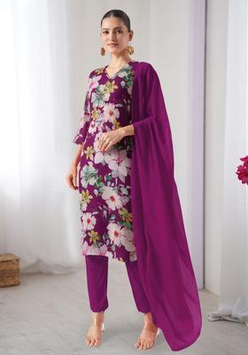 Pink Floral Print Crepe Straight Kurta Set