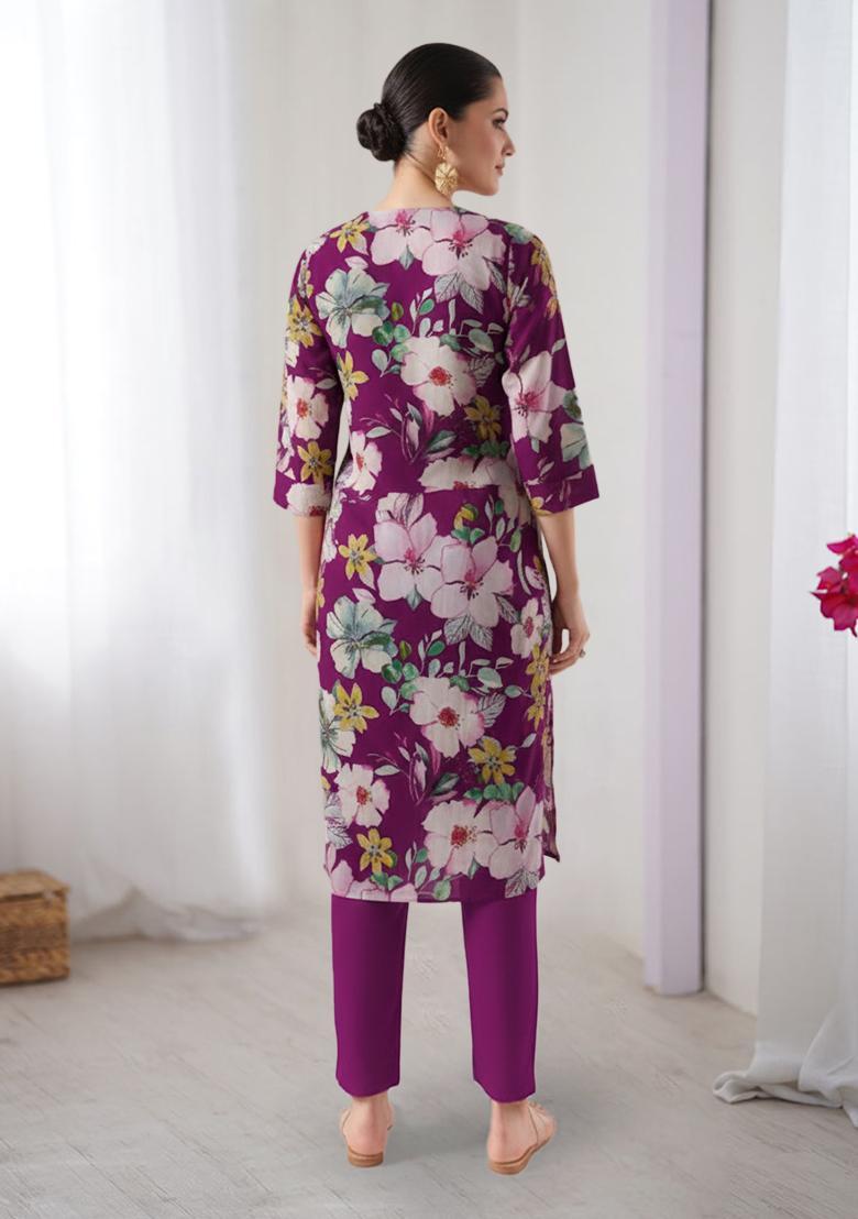 Pink Floral Print Crepe Straight Kurta Set - Indya