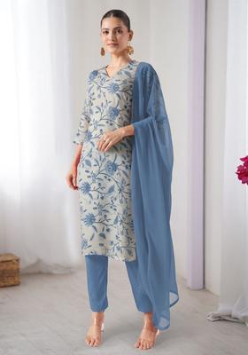 Cream Floral Print Crepe Straight Kurta Set