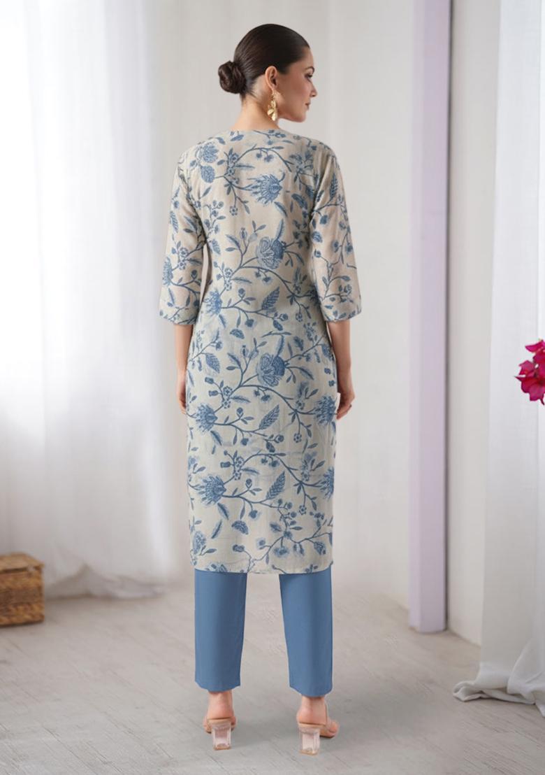 Cream Floral Print Crepe Straight Kurta Set - Indya