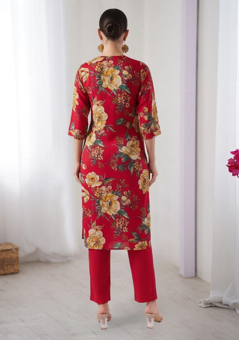 Red Floral Print Crepe Straight Kurta Set - Indya