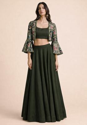 Olive Green Chinon Lehenga Set With Printed Jacket