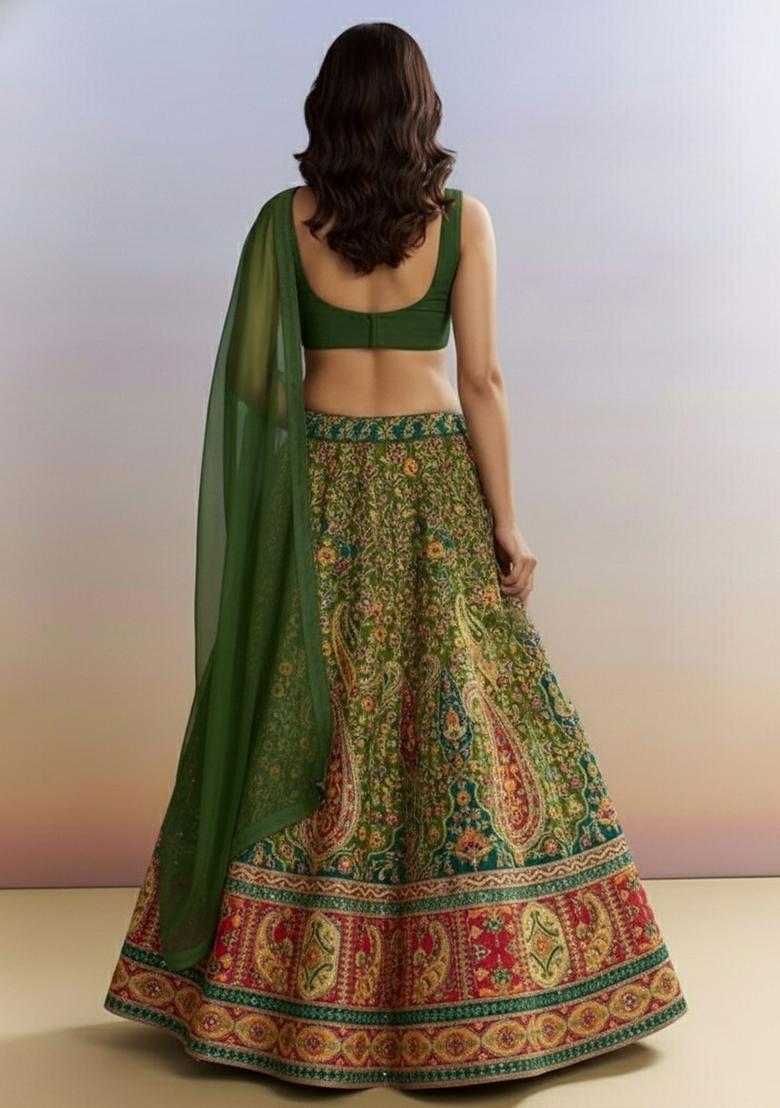 Green Printed Crepe Lehenga Set - Indya