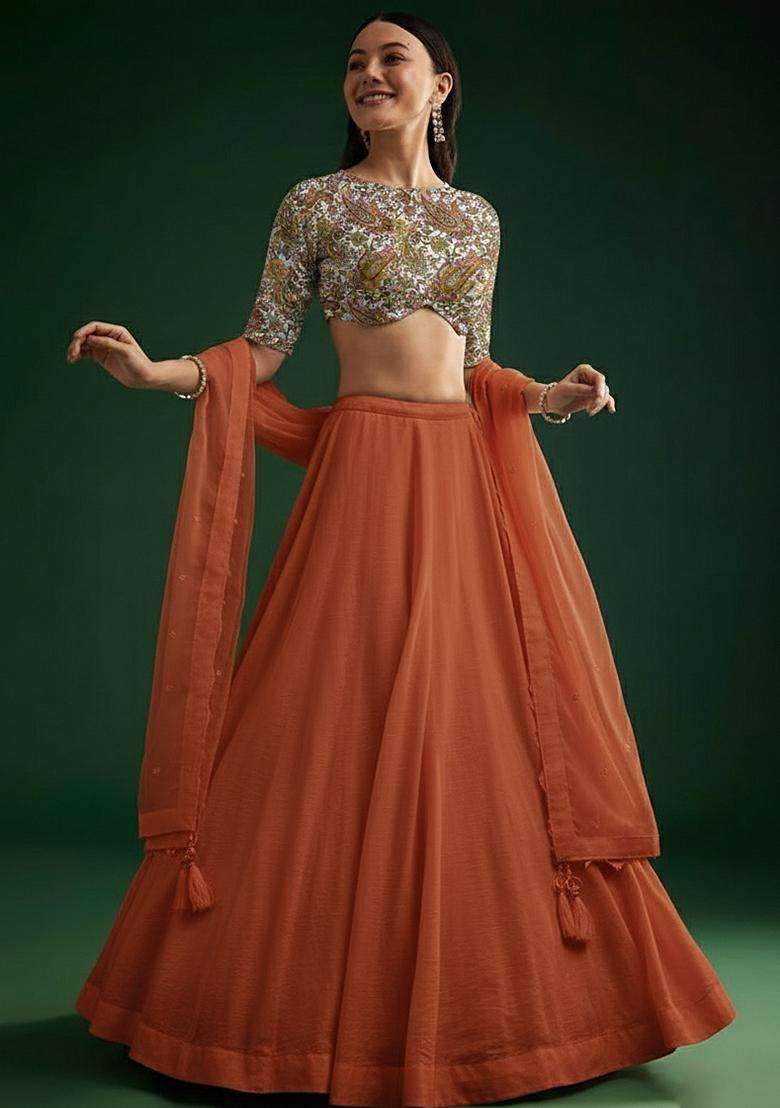 Burnt Orange Crepe Lehenga Set With Printed Blouse - Indya