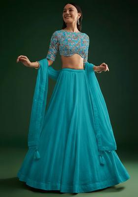 Teal Crepe Lehenga Set With Printed Blouse