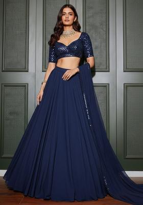 Navy Blue Printed Georgette Lehenga Set