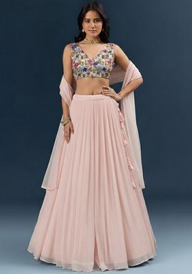 Soft Pink Crepe Lehenga Set With Printed Blouse