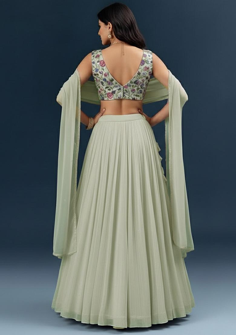 Silver Grey Crepe Lehenga Set With Printed Blouse - Indya