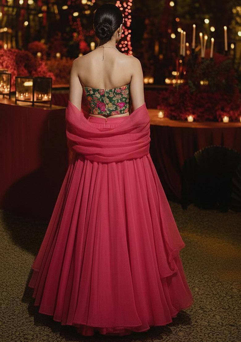 Rose Pink Crepe Lehenga Set With Floral Embroidery Blouse - Indya