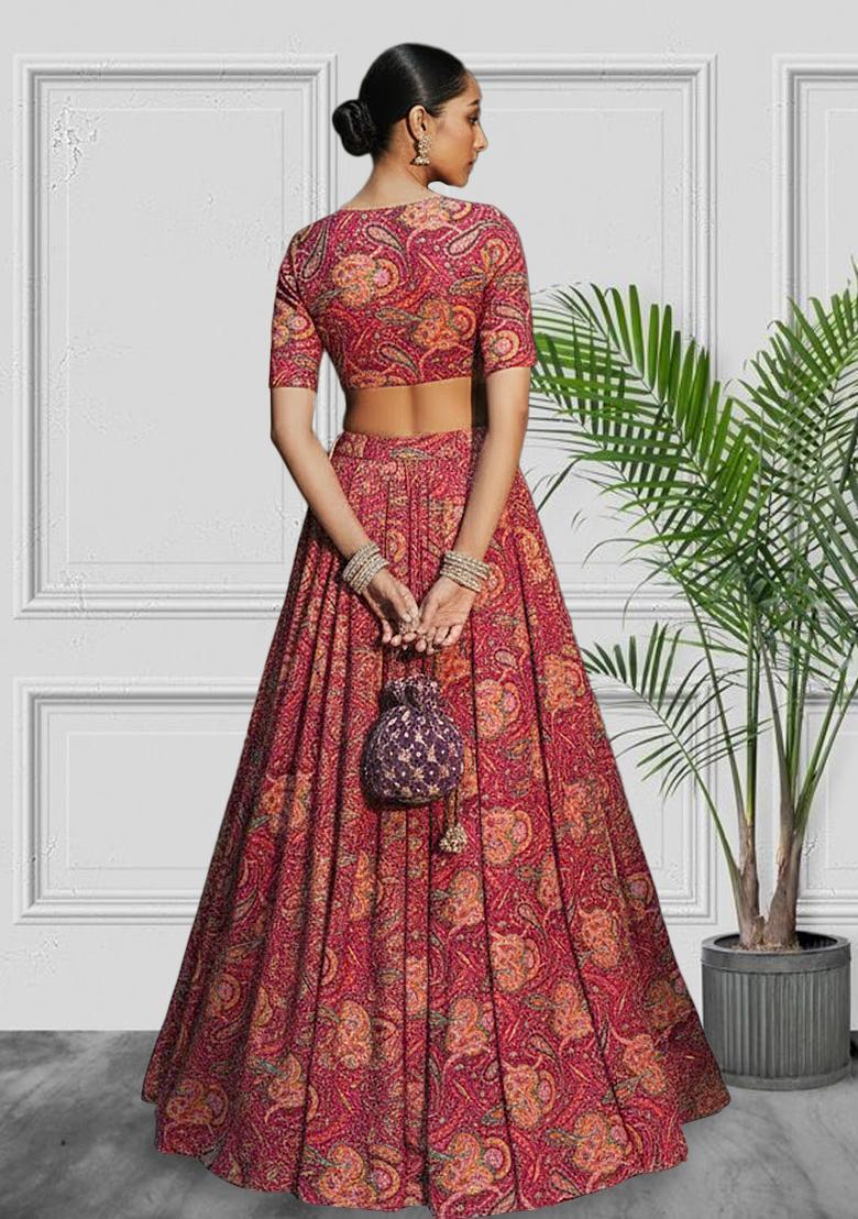 Wine Red Printed Silk Blend Lehenga Set - Indya