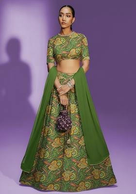 Green Printed Silk Blend Lehenga Set