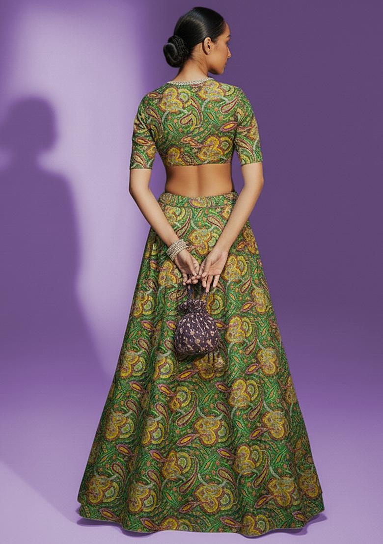 Green Printed Silk Blend Lehenga Set - Indya