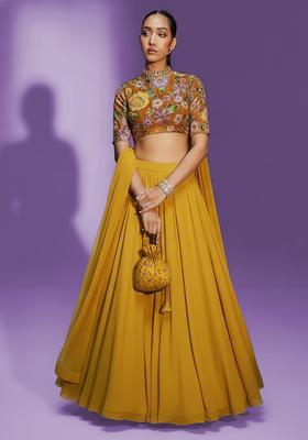Yellow Printed Crepe Lehenga Set