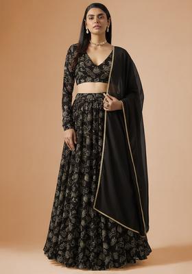 Black Printed Net Lehenga Set