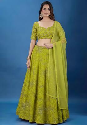 Green Embroidery Chinon Lehenga Set