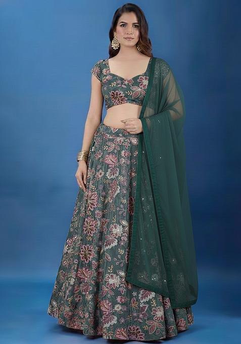Muted Green Printed Crepe Lehenga Set