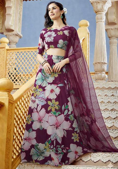 Pink Printed Crepe Lehenga Set