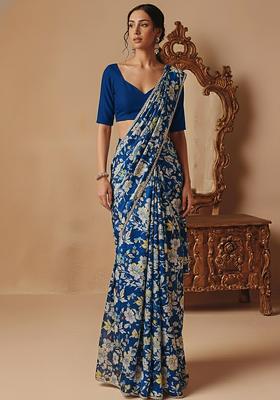 Teal Blue Printed Silk Blend Pre Draped Saree Set