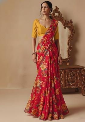 Rich Red Printed Silk Blend Pre Draped Saree Set