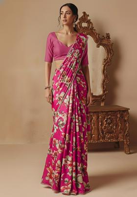 Pink Printed Silk Blend Pre Draped Saree Set