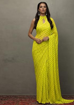 Lime Green Printed Orgenza Pre Draped Saree Set