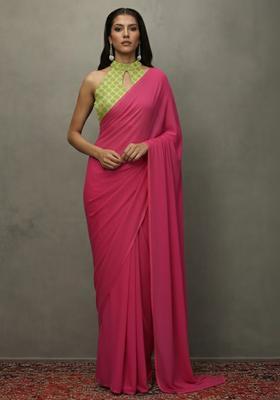 Rani Pink Brocade Pre Draped Saree Set