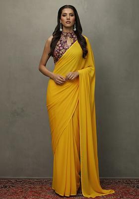 Yellow Crepe Pre Draped Saree Set With Floral Embroidery Blouse