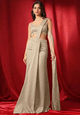 Champagne Gold Mirror Booti Silk Blend Pre Draped Saree Set