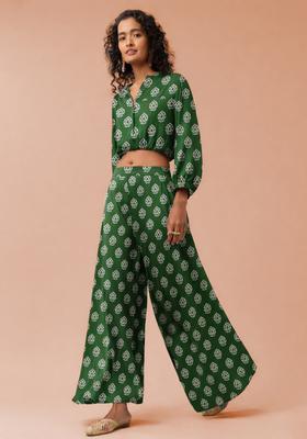 Green Poly Blend Printed Fusion Set