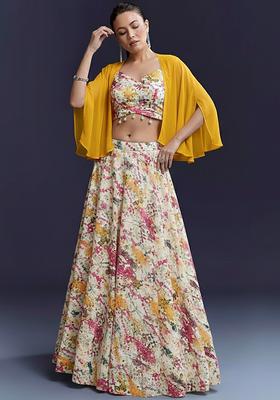 Off White Velvet Abstract Print Lehenga Set