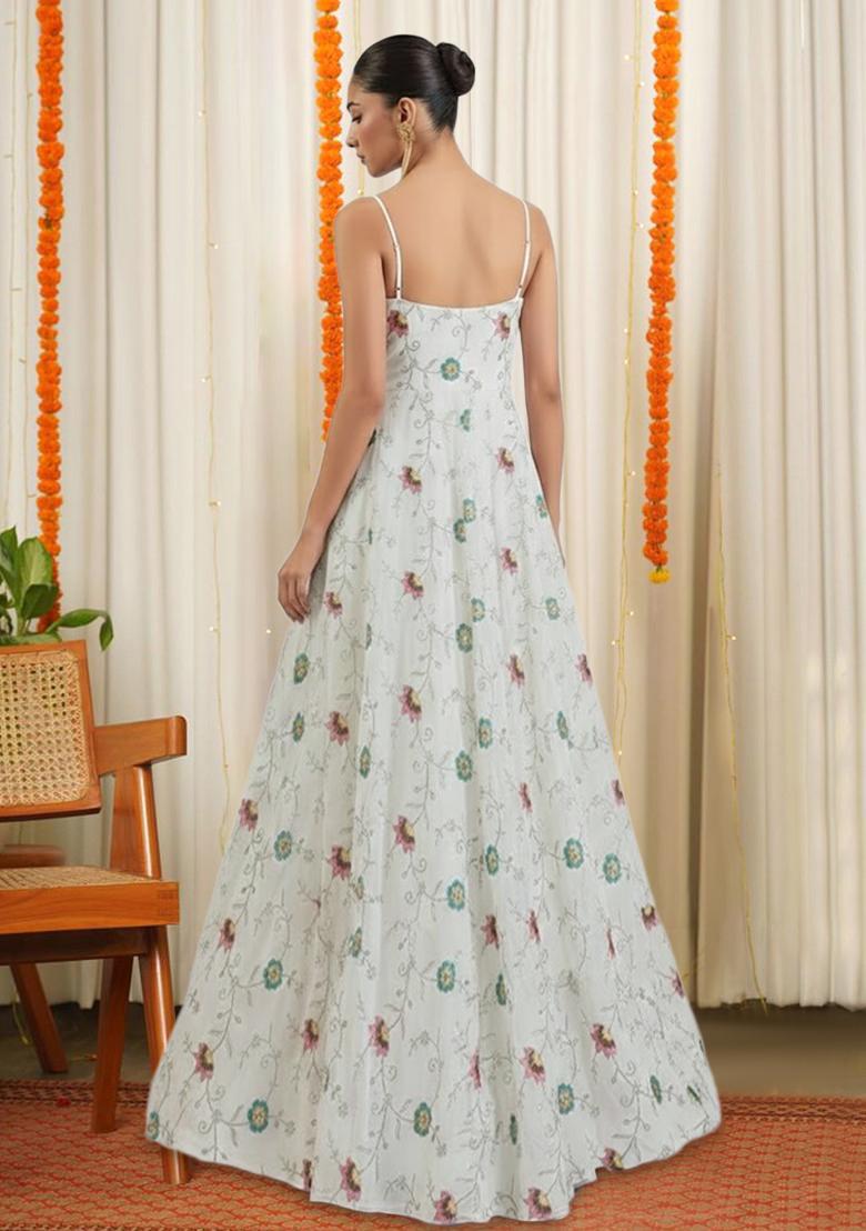 White Tissue Embroidered Anarkali With Dupatta - Indya