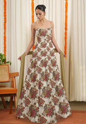 Off White Organza Printed Anarkali With Dupatta