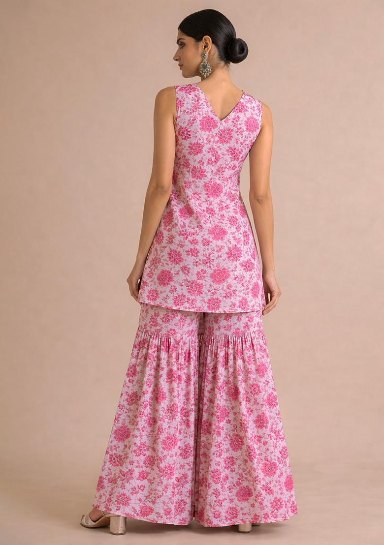Soft Pink Crepe Printed Sharara Set - Indya