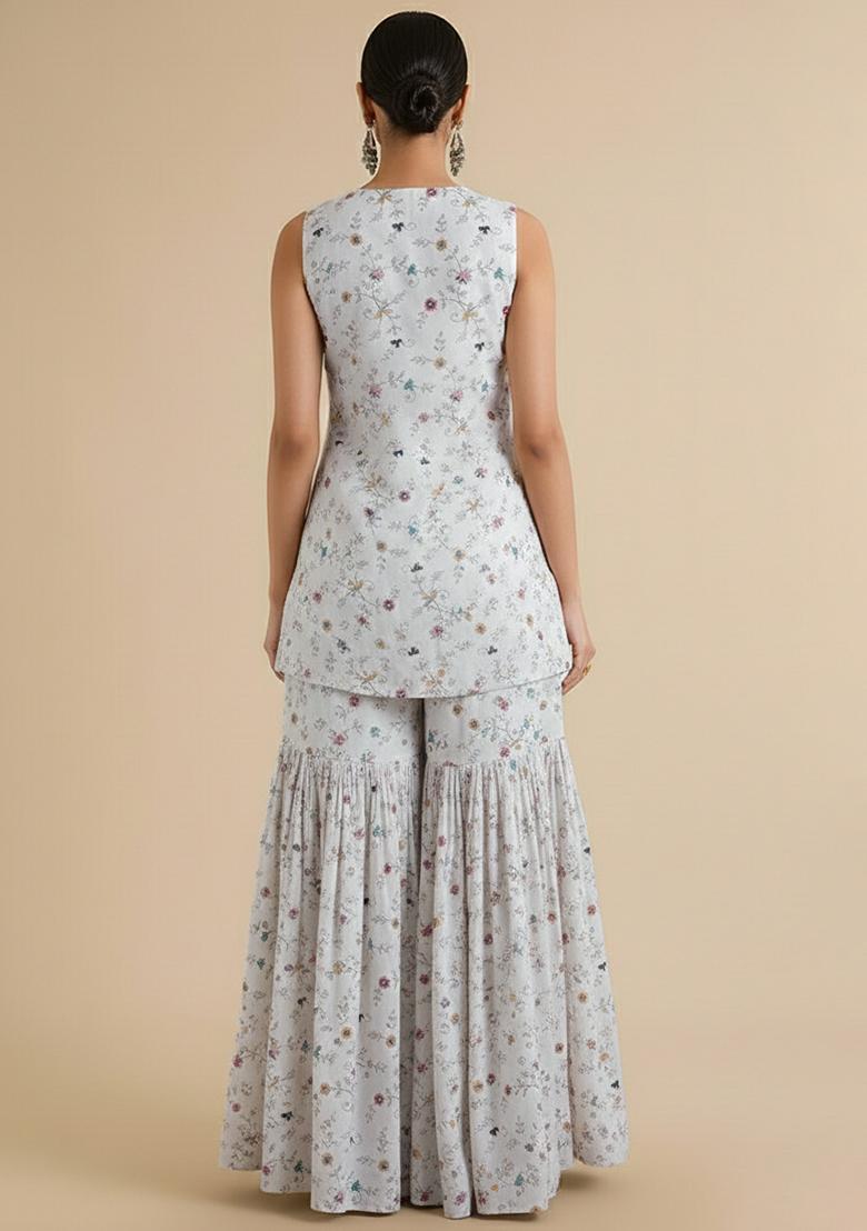 Off White Tissue Embroidered Sharara Set - Indya