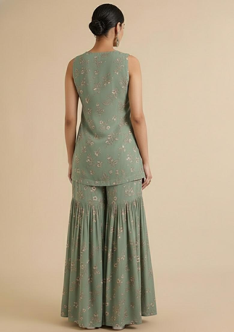 Olive Green Net Embroidered Sharara Set - Indya