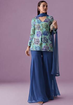 Aqua Green Chinon Printed Sharara Set