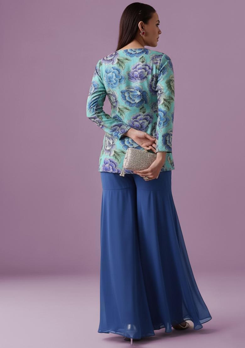 Aqua Green Chinon Printed Sharara Set - Indya