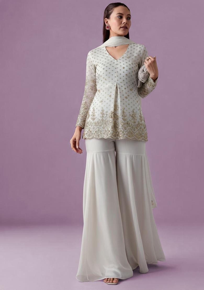 Off White Chinon Embroidered Sharara Set - Indya