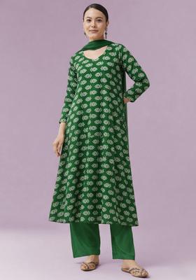 Green Poly Blend Printed Anarkali Set