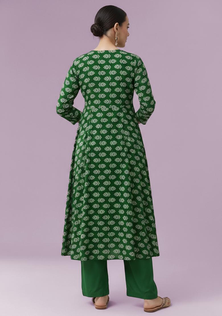 Green Poly Blend Printed Anarkali Set - Indya