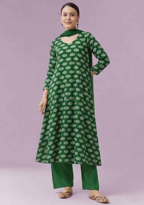 Green Poly Blend Printed Anarkali Set