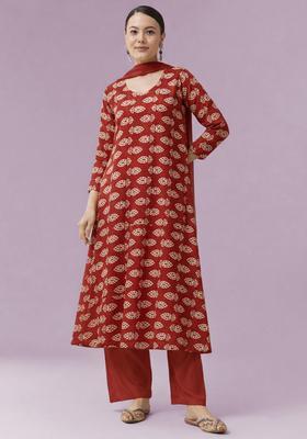 Red Poly Blend Printed Anarkali Set