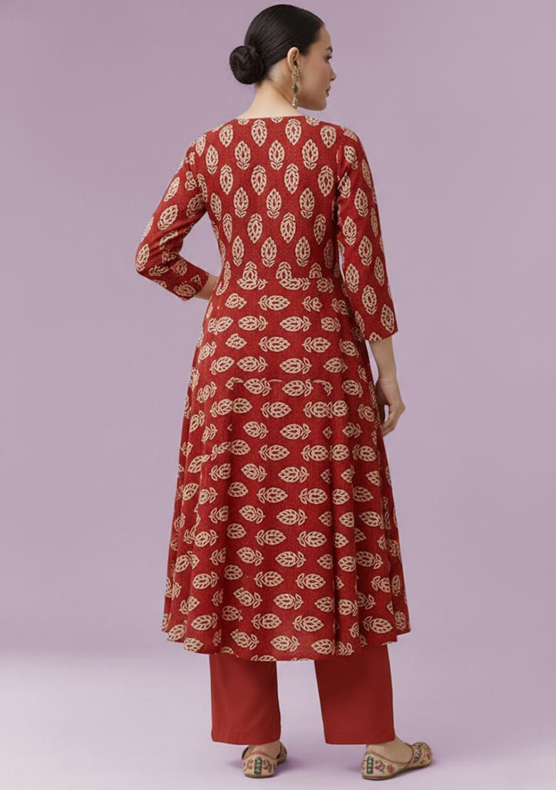 Red Poly Blend Printed Anarkali Set - Indya