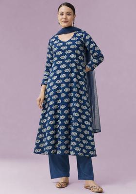 Indigo Blue Poly Blend Printed Anarkali Set