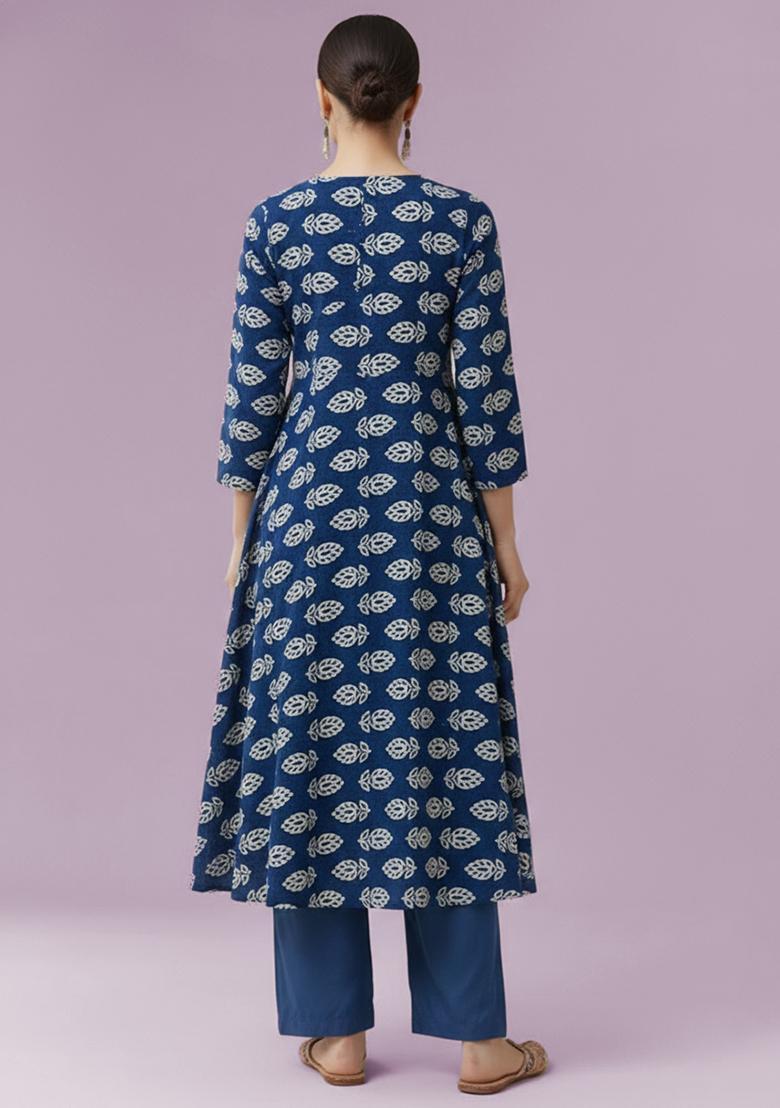 Indigo Blue Poly Blend Printed Anarkali Set - Indya